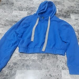 Blue Cropped Hoodie with Striped Drawstrings